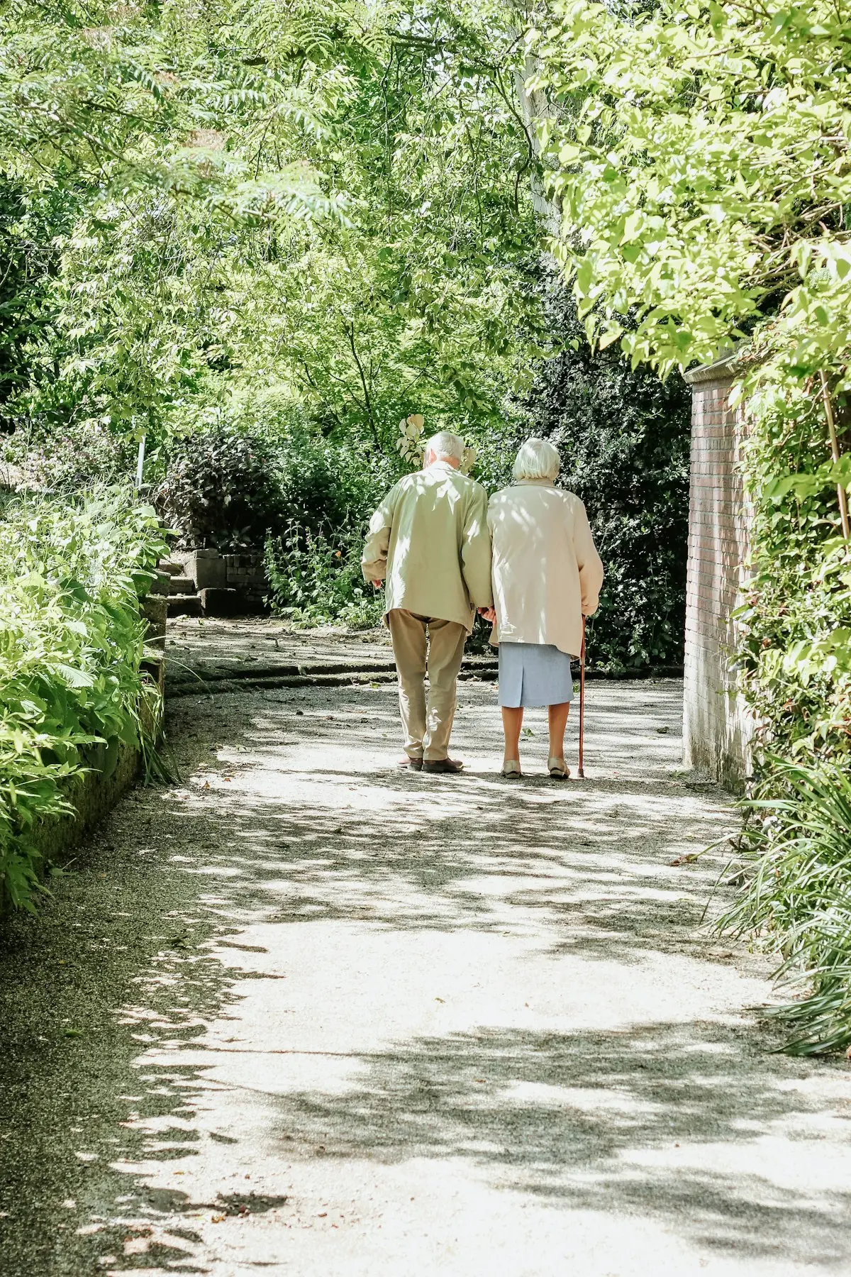Pareja de adultos mayores caminando por un sendero arbolado